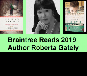 Author Roberta Gately with two Braintree Reads books Footprints in the Dust and Lipstick in Afghanistan